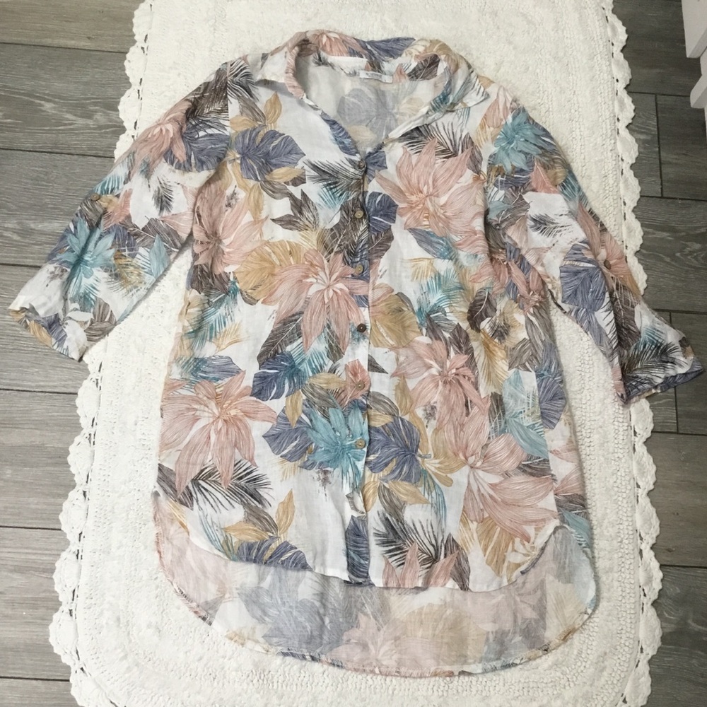 Rosemarine Made in Italy 100% Linen Palm Floral Button up Tunic / Mini Dress L